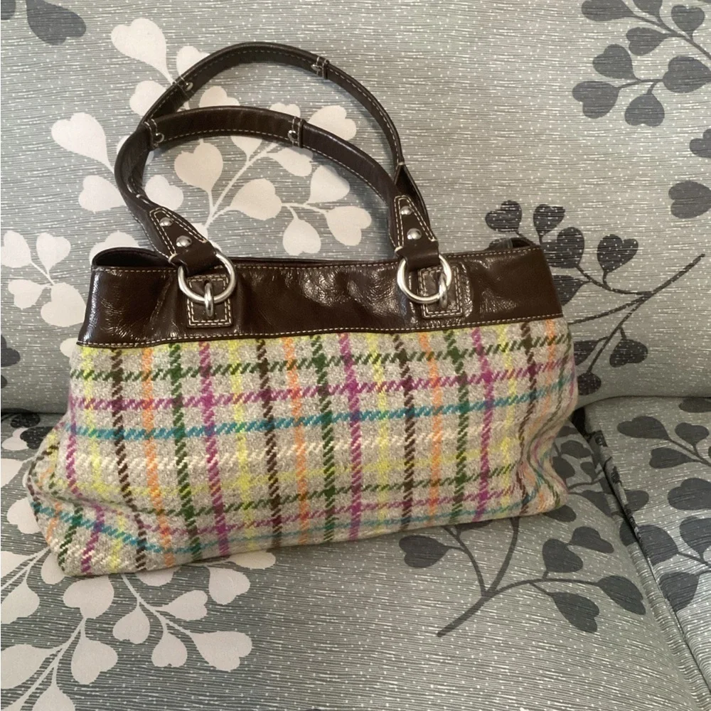 Coach F15456 Plaid Wool Leather Trim Satchel Brown Multicolor Fall Bag